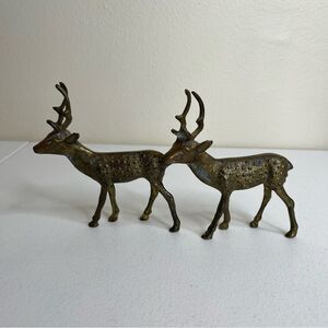 Vintage Pair Brass Reindeer Spotted Bucks MCM Mid Century Figures Lot 2 Patina